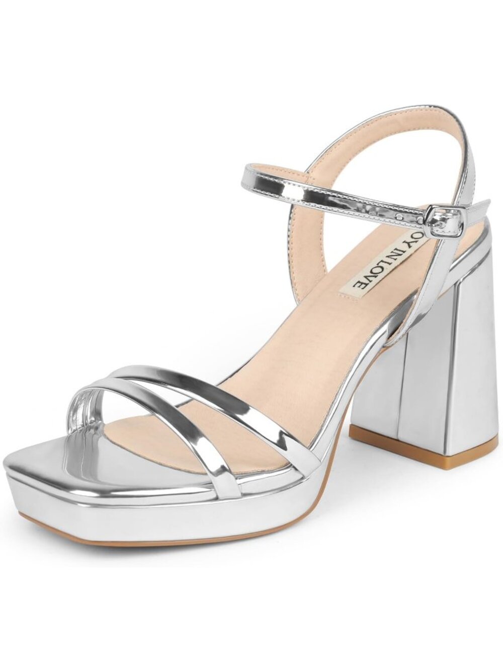 Women's Silver Patent Ankle Strap Square Open Toe  Chunky Block Heels Sandals